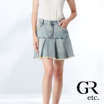 【GLORY21】網路獨賣款-etc.俏麗刷色抽鬚百摺丹寧短裙-藍色