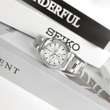 SEIKO 精工 / SND187P / 三眼計時 夜光 日期 不鏽鋼手錶 白色 39mm