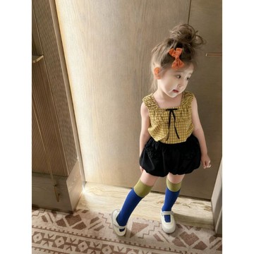 Mini baby🌷韓版女童套裝夏薄款女寶超好看黃色格子背心花苞褲