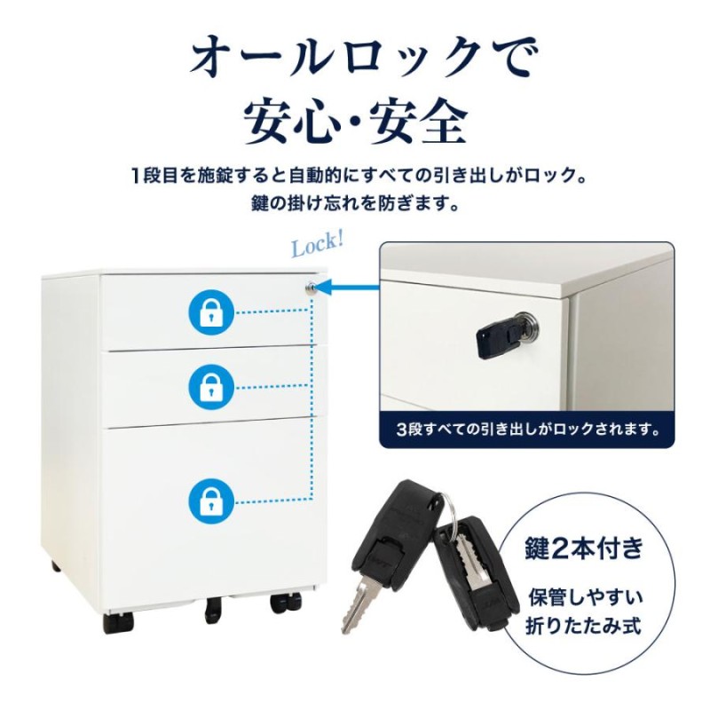 法人送料無料 デスクワゴン 3段 サイドワゴン 完成品 鍵付き スチール