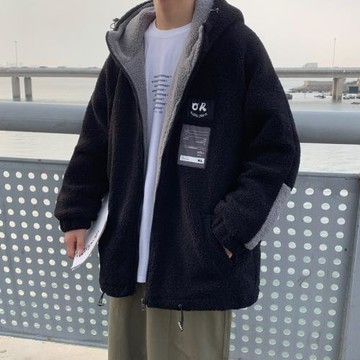 國潮羊羔絨棉衣男冬季加絨加厚連帽外套2024新款oversize棉襖棉服