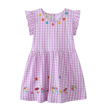 Jumping meters - 棉質圓領小飛袖洋裝-花卉小鵝-紫色格紋