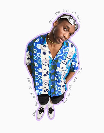 ASOS DESIGN oversized revere longline bowling shirt in blue floral photographic patchwork print