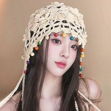 彩珠花朵流蘇編織鉤花鏤空帽子波西米亞民族風套頭帽手工針.DFFF