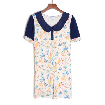 女中長款甜美瑞麗短袖娃娃領動物印花雪紡衫有內襯