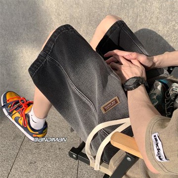 水洗牛仔短褲男美式復古漸變色褲子夏季五分褲直筒寬松休閑褲中褲