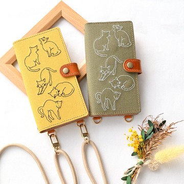 適用於所有型號 智慧型手機保護套 筆記本類型 垂直懸掛部件 [貓縫] 智慧型手機肩部 皮革帆布 貓寵物 A257I