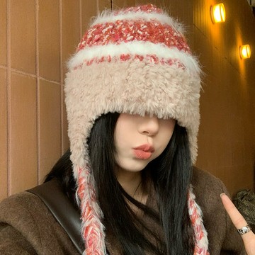 毛絨帽子女秋冬可愛毛線帽顯臉小護耳雷鋒帽防寒保暖包頭針織帽女