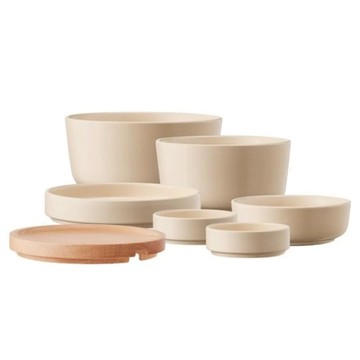 MODORI 簡單獨享碗盤組  米白色  飯碗 + 湯碗 + 小碟2個 + 大碟 + 圓盤 + 木蓋  1組  飯碗 + 湯碗 + 2個小碟 + 大碟 + 圓盤 + 木蓋