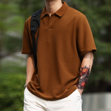 Wuluwear 美式復古280g重磅小V領POLO衫男士蛇骨紋肌理感短袖上衣