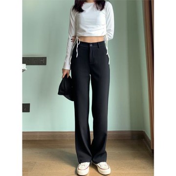 黑色窄版垂感西裝闊腿褲女春秋高腰拖地褲寬松顯瘦休閑直筒長褲子