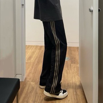 側邊網眼速幹褲子男夏季薄款條紋透氣冰絲休閒褲直筒寬鬆潮牌長褲