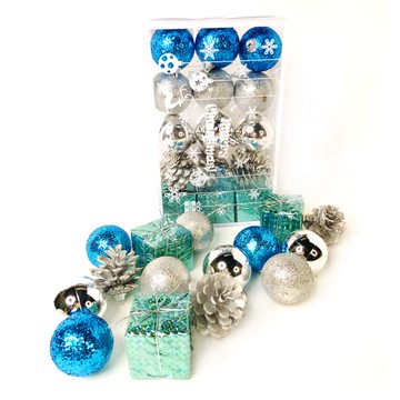 摩達客-聖誕50mm(5CM)冰雪藍銀系30入吊飾組(松果禮物盒球飾) | 聖誕樹裝飾球飾