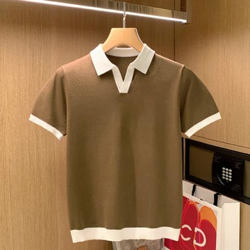 韓國簡約夏季舒適針織衫t恤POLO衫男 英倫優雅時尚八字領拼色短袖