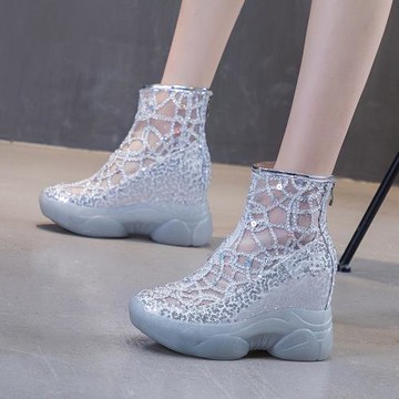 內增高8CM時尚網紗亮片短靴女2025新款夏季薄款厚底透氣涼靴顯瘦