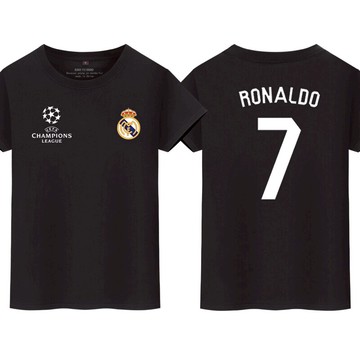 歐冠皇馬短袖T恤男羅7號c迷純棉圓領半袖衫足球運動T恤黑球衣隊服