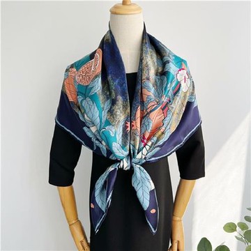 【巴黎精品】真絲絲巾蠶絲領巾-沉穩藍石榴花女絲巾a1af102