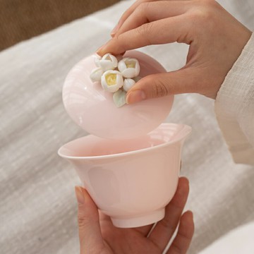 手工捏花蓋碗單個泡茶不燙手家用羊脂玉粉色白瓷功夫茶具茶碗帶蓋