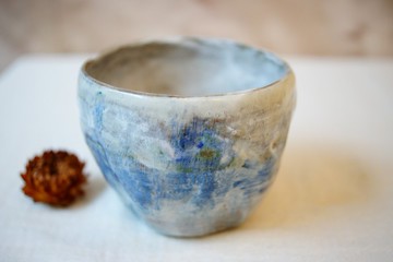 手捏粉引斑斕 日式茶杯 220 ml  陶杯 湯吞杯 主人杯 豬口杯