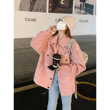 粉色燈芯絨襯衫外套女2025新款秋冬加厚長袖小個子條絨襯衣女款