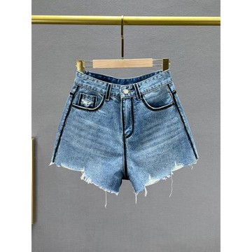 ins歐貨牛仔短褲女潮2024年新款夏裝高腰修身顯瘦磨破毛邊a字熱褲