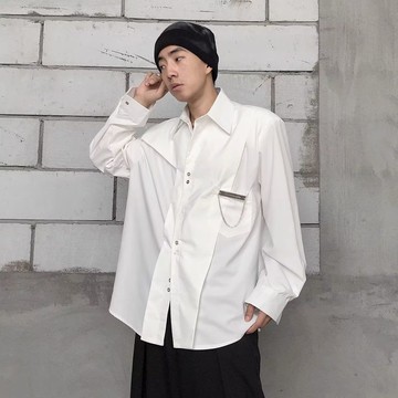 潮流個性機能風拉鍊設計翻領長袖襯衫男韓版時髦百搭上衣男