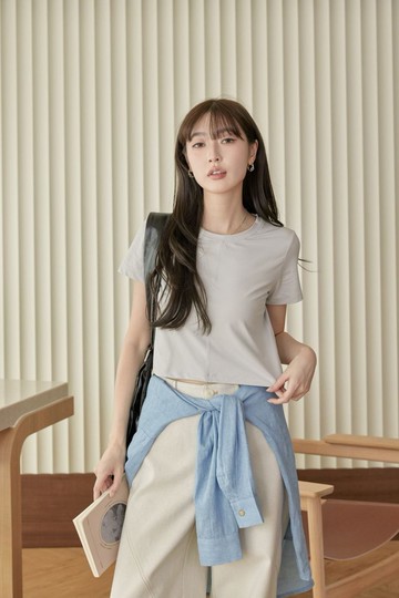 冰涼紗中線拼接短袖上衣(淺灰)