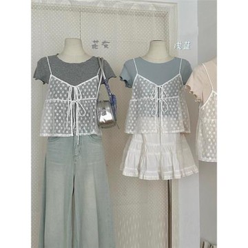 韓系疊穿減齡系帶蕾絲吊帶T恤女2025夏季木耳邊上衣