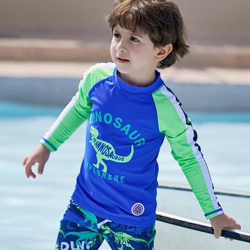 Xiazhilian - 男寶防曬長袖泳裝套裝(附帽子)-恐龍來襲-藍+綠