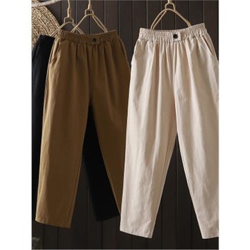 日本高端外貿出口2025春秋斜紋休閑褲純色松緊腰顯瘦哈倫褲九分褲