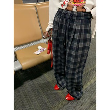 今嶼花花 褲子女2024年新款秋冬毛呢格子闊腿褲小個子寬松松緊腰