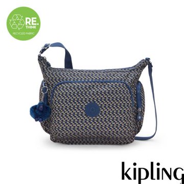 『牛角包』Kipling 藍米格紋多袋實用側背包-GABB