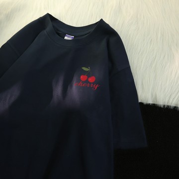 樱桃 短袖T恤女 小衆設計感上衣 oversize遮肚 减龄夏装 圓領T恤  韓版上衣 100%純棉
