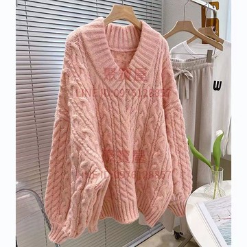 針織衫上V領加厚麻花毛衣女寬松外穿慵懶風設計感小眾保暖衣秋冬新款【聚寶屋】