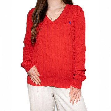 Polo Ralph Lauren RL 熱銷V領刺繡小馬麻花毛衣(女)-紅色