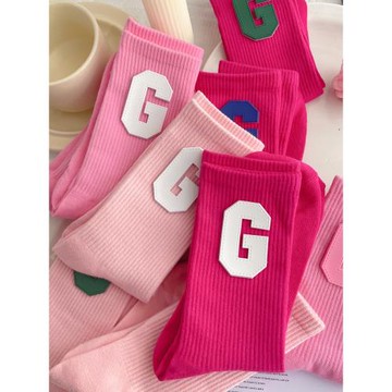 春秋襪子女字母G個性粉色中筒襪潮日韓網紅純色長筒襪運動外穿ins