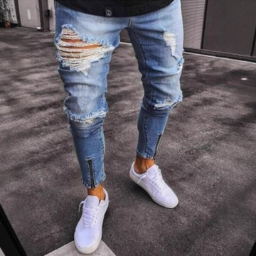 歐美新款牛仔褲男士熱銷跨境牛仔膝蓋破洞拉鏈拉鏈男式牛仔長褲鑫弘-衣錦男裝