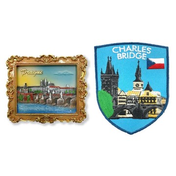 造型布貼＋磁鐵【2件組】 捷克布拉格造型立體磁鐵＋捷克 查理大橋布貼  3D立體 冰箱貼 美式風格 創意貼 _廠商直送