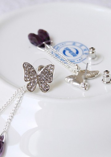 韓版氣質滿鉆蝴蝶流蘇水滴耳環無耳洞耳夾耳釘925銀針耳飾品1入