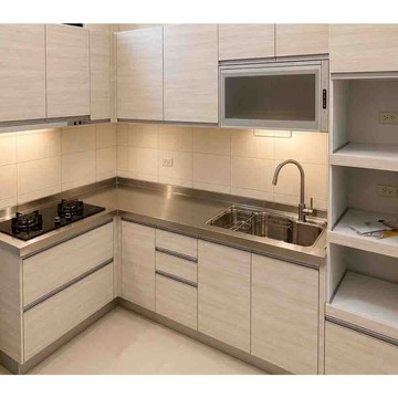 【KW廚房世界】系統廚具 廚房設計 客製化 廚櫃 工廠直營 L型流理台 壓花白鐵台面 搭櫻花牌瓦斯爐 烘碗機