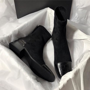 森嶼海巷網紅同款彈力靴拼色瘦瘦靴氣質中跟短靴文藝復古百搭靴子