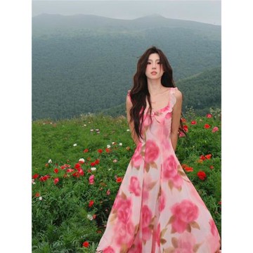 孫怡明星同款浪漫吊帶海邊長裙夏季印花連衣裙海島度假拍照沙灘裙