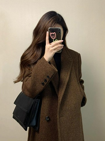 格子毛呢外套女小個子2024新款冬季高級感赫本風西裝正肩呢子大衣【淘夢屋】