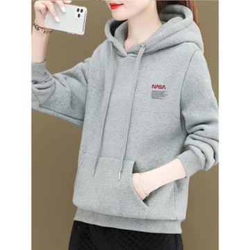 即墨純棉加絨加厚連帽衛衣女秋冬季韓版灰色寬松顯瘦套頭長袖上衣