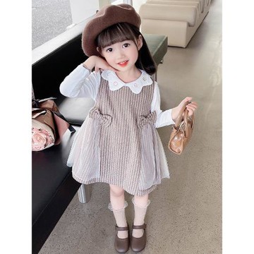 女童春秋款連衣裙2025春新款韓版洋氣寶寶公主裙長袖背帶裙兩件套