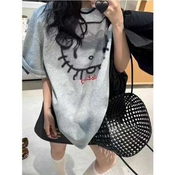 美式純棉kitty印花卡通短袖T恤女夏季新款寬鬆設計感百搭圓領上衣 短袖上衣 t恤 短袖t恤 印花短袖 韓系上衣 寬鬆