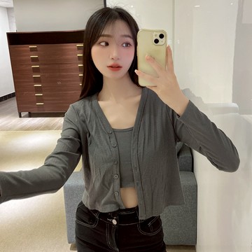 吊帶胸墊開衫兩件套【91371】Sandy33實拍春夏新款韓系INS休閒百搭氣質露肩無袖短版罩杯背心 長袖外套兩件式上衣