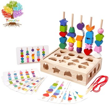 【樹年】幼兒童幾何形狀五套柱木制玩具串珠配對盒益智顏色感官早教塞塞樂