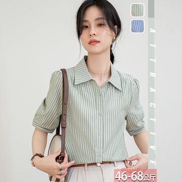 翻領豎條紋拚色泡泡半分袖襯衫(2色) M-XL【125281X】【現+預】☆流行前線☆
