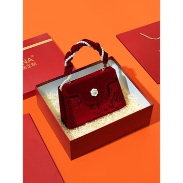 中國風氣質旗袍手提包女包提花新娘包中年媽媽婚禮禮物紅色結婚包